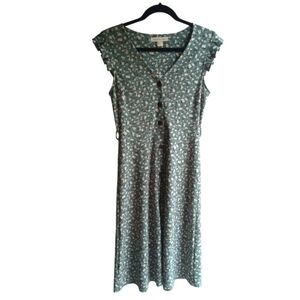 Floral Dress Teal/Green Cottagecore Midi Buttons V-Neck Women Size Small Monteau